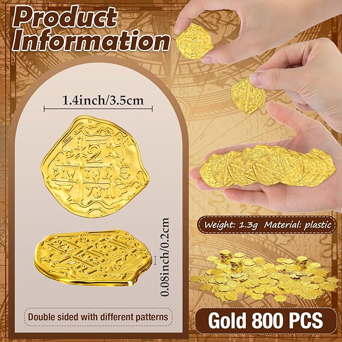 Hanaive 800 Pcs Plastic Pirate Coin Gold Treasure Spanish Doubloon Fake St. Patricks Toy Coin for Kids Board Games Pirate Party Cosplay Teachers Classroom Reward(Gold)