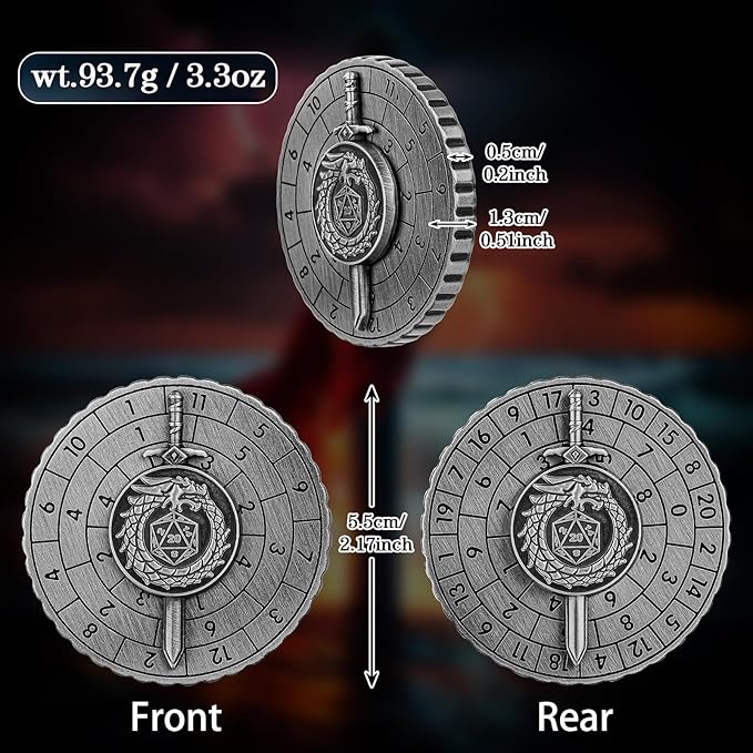 Spinner DND Dice, 7-in-1 Dragon Sword Metallic D&D Dice, Dragon Roulette Dice Spinner for DND Dice Set, DND Gifts with Gift Box, Role Playing Board Game Accessories, DND Dice Set Gifts, Dark Silver