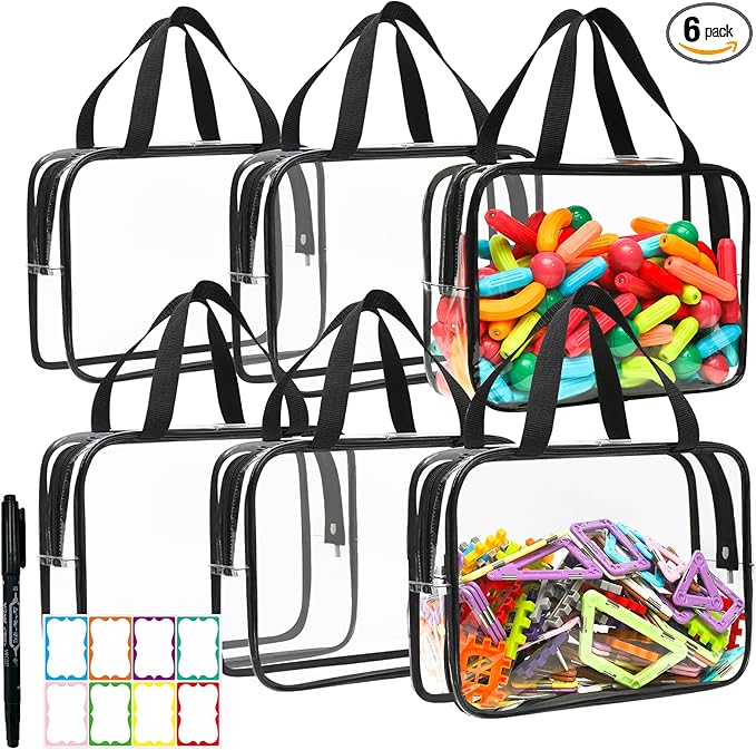 Toy Storage Bags - 6 Packs Toy Storage Organizer with Labels & Pen for Kids, Reusable Clear PVC Board Game Storage with Zipper, Waterproof Travel Bags for Building Blocks, Puzzles (Black)