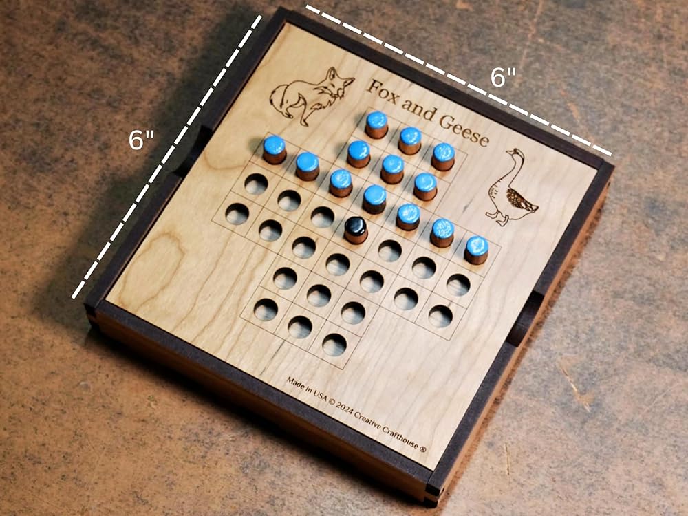 Handcrafted Fox and Geese Game Board Set - 6" x 6" with Wood Travel Cover - Classic Strategy Game for All Ages - Inspired by Centuries of Tradition
