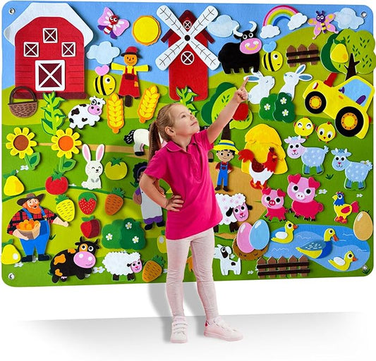 QUOKKA Farm Felt Board for Toddlers - 70 PCS Double-Thick Story Set with Large 41x30 Inch Durable Wall Activity Board - Ideal for Indoor Storytelling and Classroom Activities