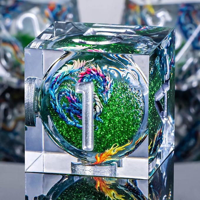 Dragon Pattern Liquid Core DND Dice Set, 7Pcs Resin Sharp Edge D&D Dice with Gift Box, Green Dungeons Dragons D and D Role Playing Game Dice D20 D12 D10 D8 D6 D4