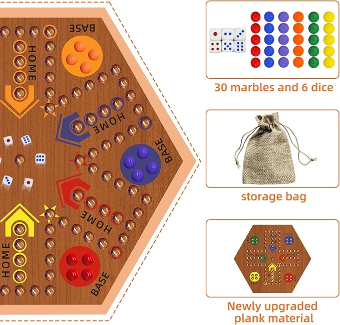 Wooden Board Game, Board Game Original Marble Game Double Sided Painted 2 to 6 Player Fast Track Wooden with 6 Colors 24 Marbles 6 Dice for Adults Kids Family(24 INCH Flame)