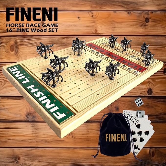 Horse Racing Game for Adults, Luxurious Metal Horses (Black) on 16' Pine Wood Board, Dice & Card Included