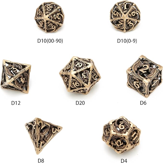 DND Dice,Hollow D&D Metal Dice,Dungeons and Dragons Dice Set with Gift Box,7 PCs Steampunk Polyhedral Dice Games Set for RPG,MTG,Pathfinder, (Dragon Ancient Bronze)