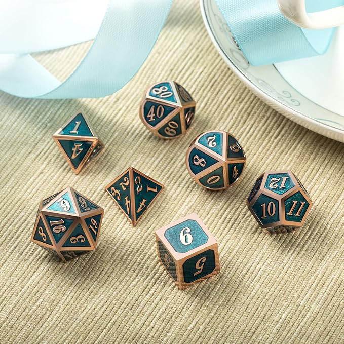 Teal D&D Metal Dice Set,DNDND 7 PCS Metallic Dungeons and Dragons Dice with Free Metal Case for D&D Game Role Playing (Teal and Copper)