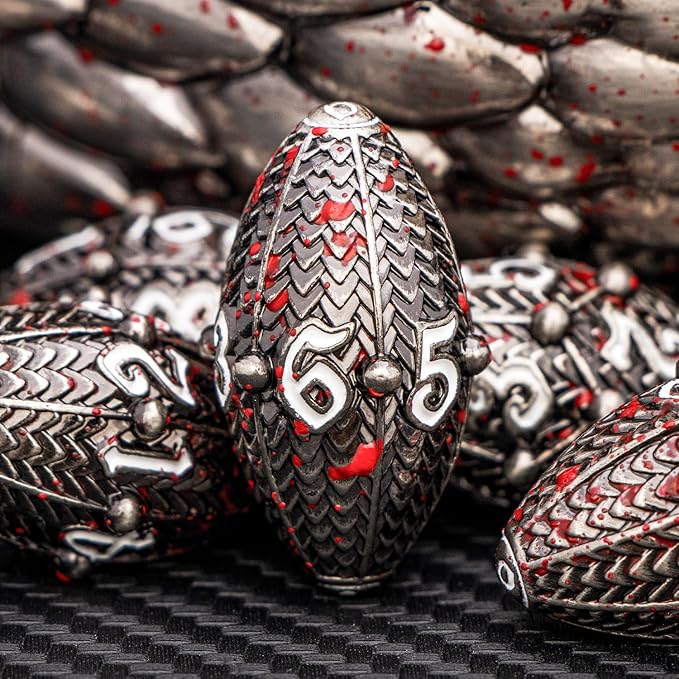 ARUOHHA DND Metal Dice Blood Splatter Dragon Egg Dice with Rotating Dragon Egg Shell, Role Playing Game RPG Polyhedral D and D Dice Set D20 D12 D10 D8 D6 D4