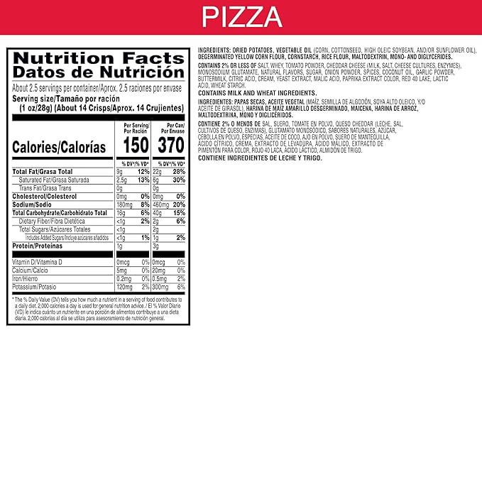 Pringles Potato Crisps Chips, Lunch Snacks, On-The-Go Snacks, Grab n' Go, Pizza (12 Cans)