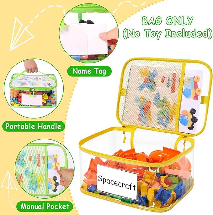 Upgraded 6 Pack Clear Toy Storage Bag - with Name Tag Manual Pocket, Transparent PVC Toy Organizer Case with Zipper for Board Game, Building Block, Puzzle, Large Capacity for Kids Ages 6+ (Colorful)