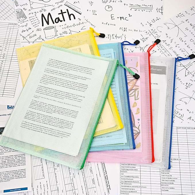 AUSTARK 20 Pcs Zipper File Bags, Plastic Mesh Pouch, Board Game Storage Bag, Waterproof Bags for Office School (A4 Size 13.4''x9.4'', Multicolored)