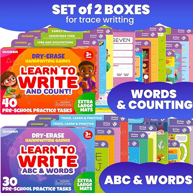 QUOKKA Busy Book Handwriting Practice for Kids - 2 Set - Learn to Write for Toddlers Age 3 4 5 - | 24 Tasks | 4 Dry Erase Markers | - Homeschool Preschool Learning Activities