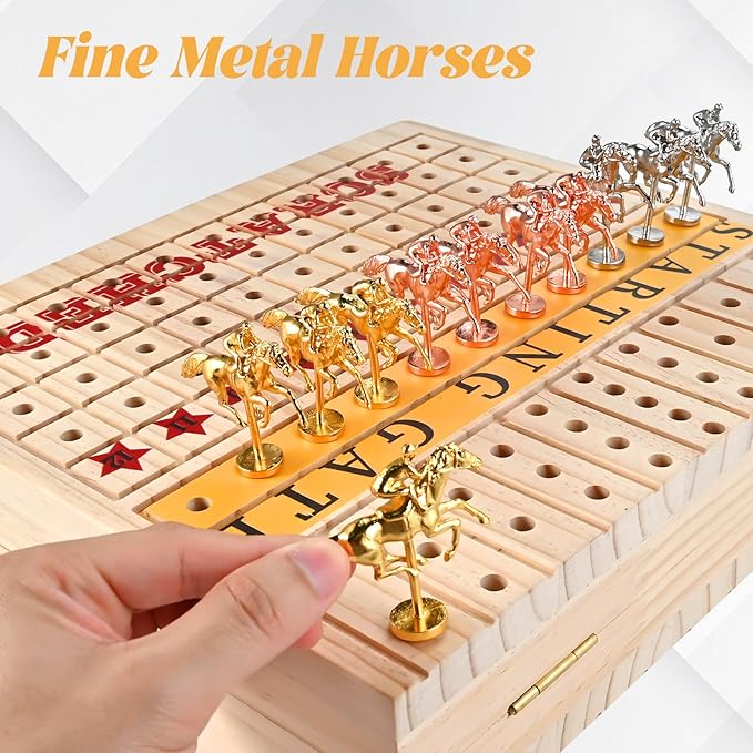 21 inches Horse Racing Game, Horse Race Board Game with 11 Metal Horses, Wood Folding Board Game with 120PCS Chips, 2 Dice and 2 Decks of Cards,for Friends Adults Family Party Game Night