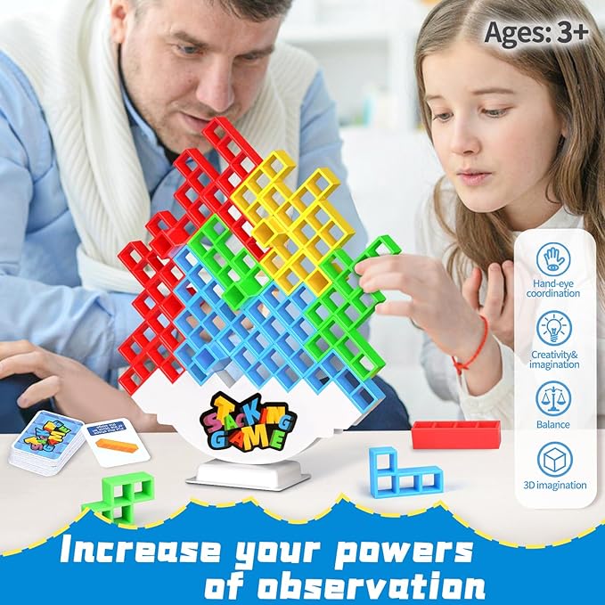 64PCS Stack Game for Adult & Kids, Tetra Board Tower Games for Family Travel Party, 2 Players Balance Stacking Toy, Team Toys Building Block