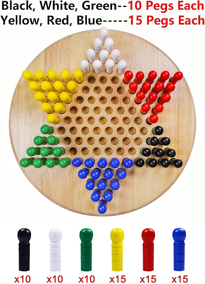 Large 15" Wooden Chinese Checkers Board Game – Classic Strategy Game with 75 Wooden Pegs (6 Colors), 2-6 Players (10 Pegs Each) or 2-3 Players (15 Pegs Each) – Fun Family Game for Kids, Adults