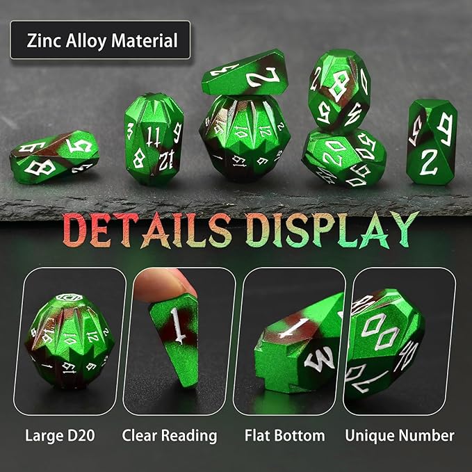Metal DND Dice for Dungeons and Dragon, Metal Dice Set D and D with Cardboard Box Unique Cool RPG Polyhedral Dice for Role Playing Tabletop Games Gifts (Black Green)