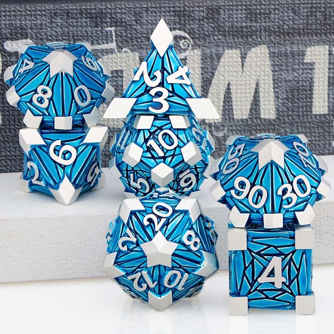 7PCS Metal DND Dice Set with Box, Debris RPG Blue D and D Dice for use with D&D Tabletop Games Role Playing Game Polyhedral Dice Set D20 D12 D10 D8 D6 D4