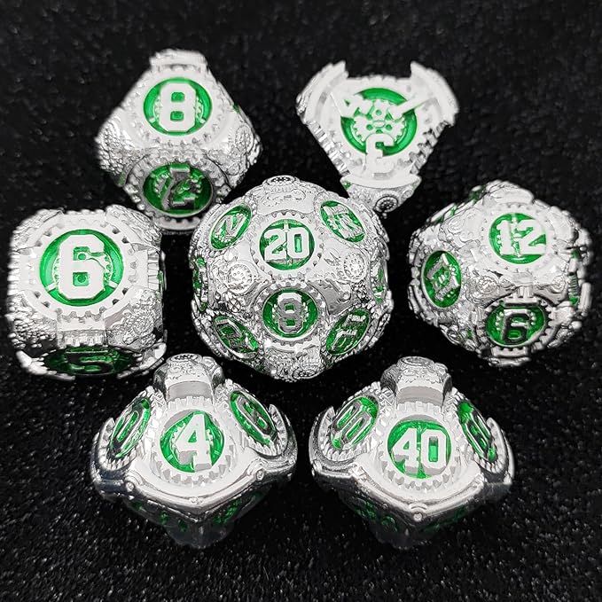 Geakeeper Construct D&D Dice, Metal DND Dice Set, 7Pcs Polyhedral Dragon Metallic D&D Dice with Gift Case for Dungeons and Dragon Game, RPG Role Playing Table Game Gifts (Green Silver)