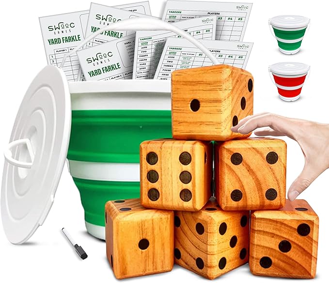 SWOOC Yardzee, Farkle & 20+ Games - Light-Weight Yard Dice Game Set (All Weather) with Collapsible Bucket, 5 Big Laminated Score Cards, and Marker (Choose 2.5in or 3.5in Dice) Yard Games
