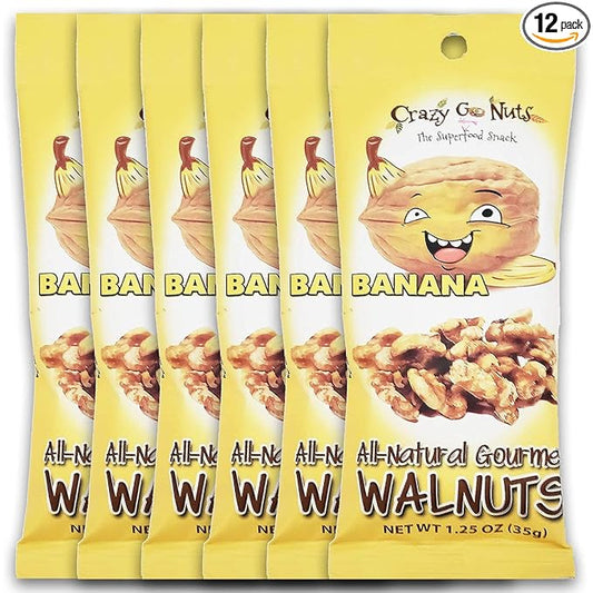 Crazy Go Nuts Walnuts Banana - Glazed Walnuts, Healthy Snacks, Vegan, Gluten Free, Superfood-Natural, Non-GMO, ALA, Omega 3 Fatty Acids, Good Fats, and Antioxidants - 1.25 Oz, 6-Pack