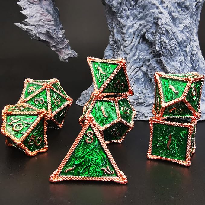HAOMEJA DND Dice Metal Dragon Set Dice 7 Role Playing Dice D&D Solid Dice Dungeons and Dragons (Red Copper Green)