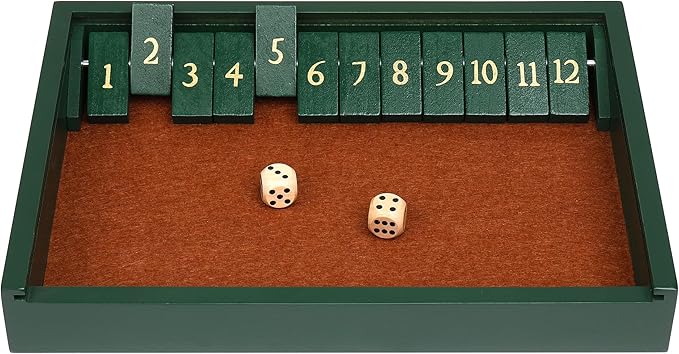 STERLING Games Wooden Shut The Box Game 12 Numbers with Home Decor Design Lid Cover and Felted Rolling Surface, Green