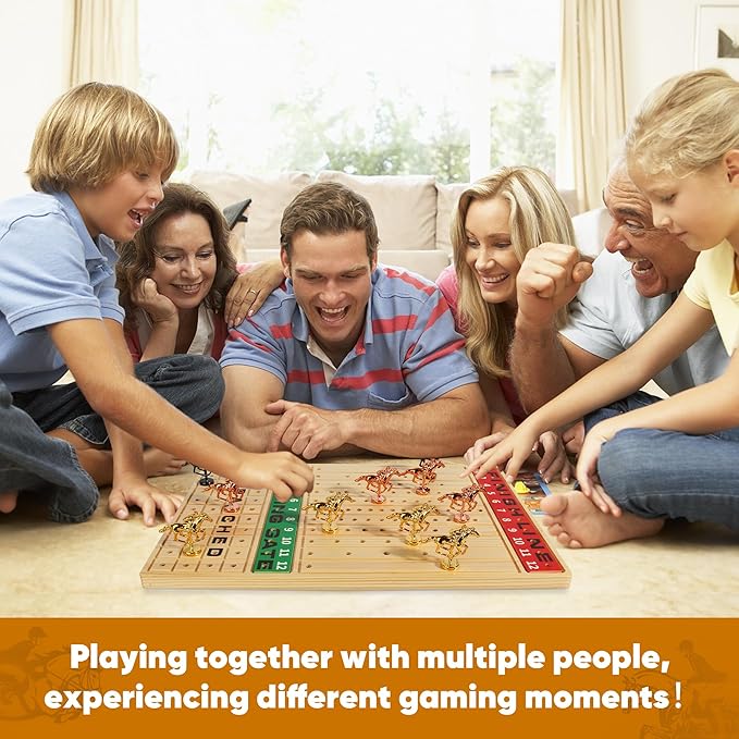 Horse Racing Game with Cards and Dice, Horse Race Board Game for Adult, Thickened Solid Wood with 11 Luxurious Durable Classic Metal Horses, 143 Chips, 2 Dice, 2 Boxes of Cards