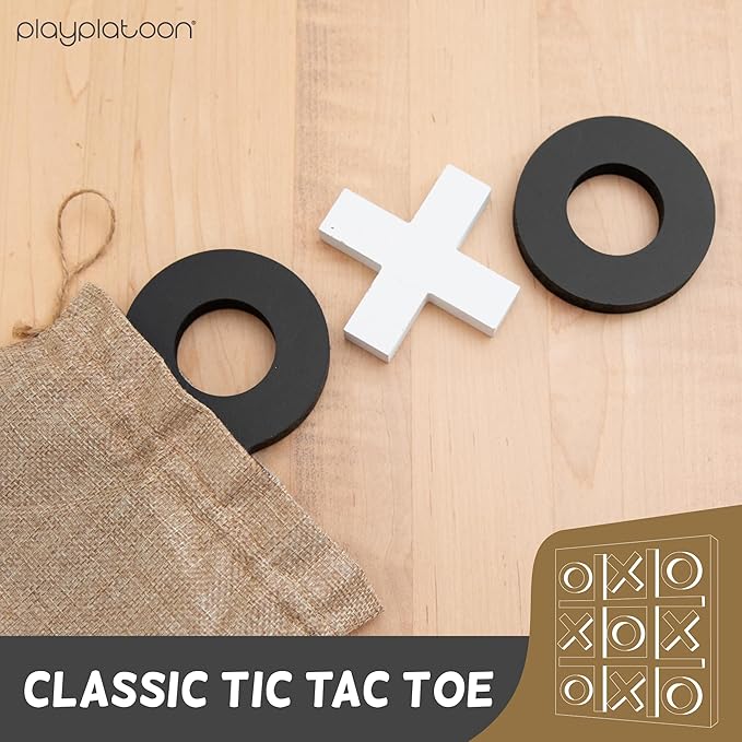 Play Platoon Magnetic Tic Tac Toe Game - Large Metal and Wooden Wall Mounted Board Games - 13.5 Inch Table Top or Wall Mounted Farmhouse Rustic for Game Room - Black & White