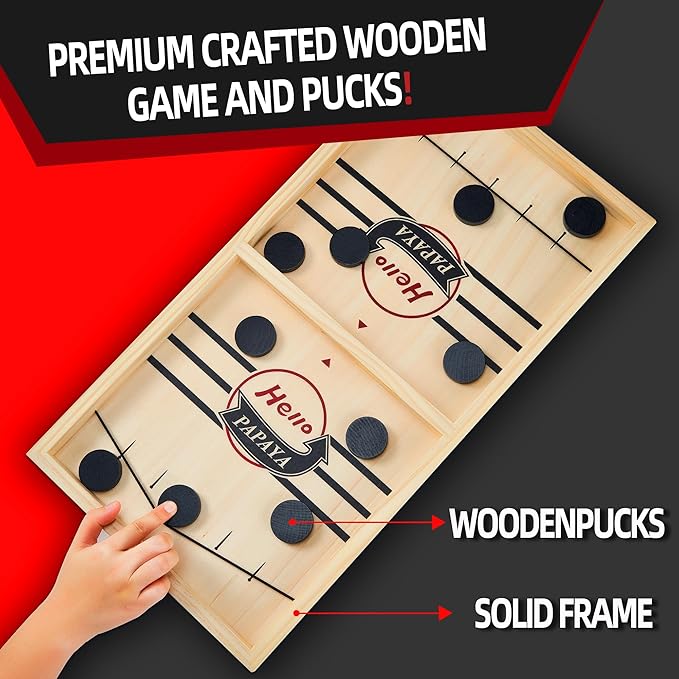 Foldable Fast Sling Puck Game with Chess Board and Checkers Board, Tic Tac Toe. Wooden Air Hockey Family Night,Table Games Gifts for Adults and Kids