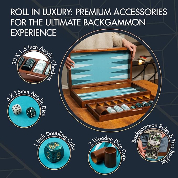 20 Inch Large Backgammon Sets for Adults, Green Backgammon Board, Solid Wood. Removable Accessory Tray, Premium 1.5 Inch Checkers & Dice Set, Backgammon Game Set Backgammon Table