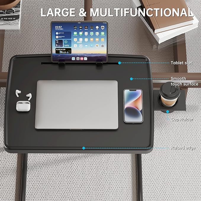 X TV Tray Table, Allpop Large TV Dinner Tray for Eating, Adjustable Folding Laptop Table with Book Stand, Cup Holder & Tablet Slot on Couch & Bed, Black