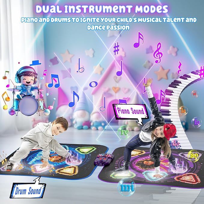 Dance Mat, 2025 Light Up 2-Player Opposing Dance Pad with Single & Double Player Modes, 12-Button Dancing Toys Music Games with Wireless Bluetooth, Birthday for 3-12 Year Old Boys Girls