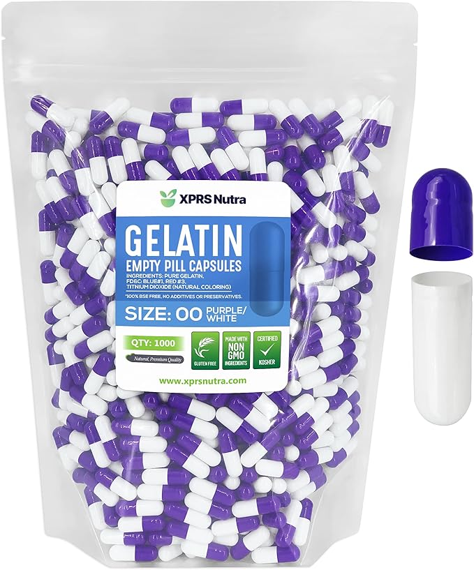XPRS Nutra Size 00 Empty Capsules - 1000 Count Empty Gelatin Capsules - Empty Pill Capsules - DIY Capsule Filling - Fillable Pill Capsules Empty Gel Caps (Purple/White)