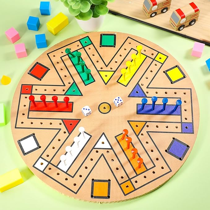 Kathfly Fast Track Board Game Wooden 3-6 Players Board Game Set with 24 Board Game Pieces and 2 Dice, Fast Track Game Night for Adult Teens Family Game, 6 Colors(19.7 Inch)