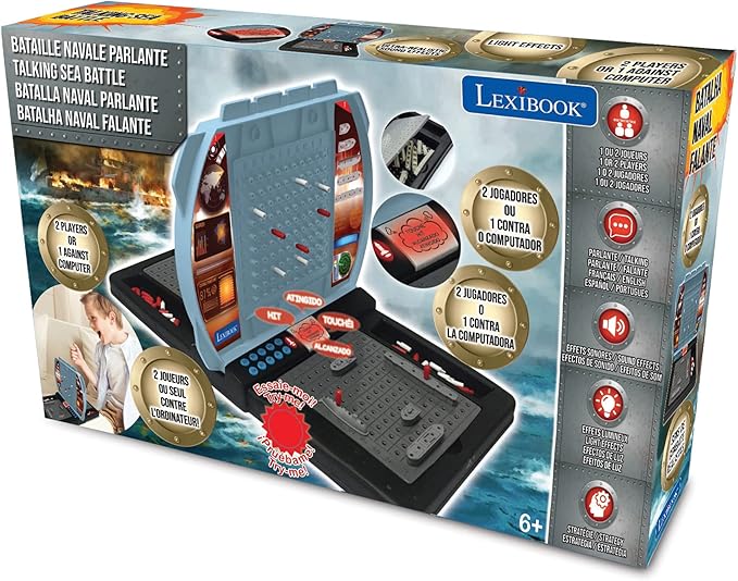 LEXIBOOK Talking Sea Battle (French, English, Spanish, Portuguese), Electronic Board Game 1 or 2 Players, Interactive, Light and Sound Effects, Strategy, batteriy Operated, Grey/Black, GT2800i1