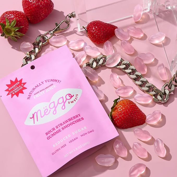 Meggo Sweets Gummie Smoochies Variety Pack | Peach, Honeydew, Sour Strawberry | Natural Fruit Pectin Candy | Vitamin C, E, Biotin | No Cane Sugar | Organic Juice Concentrate | Sweet and Sour Mix | Gluten Free, Vegan, Non-GMO