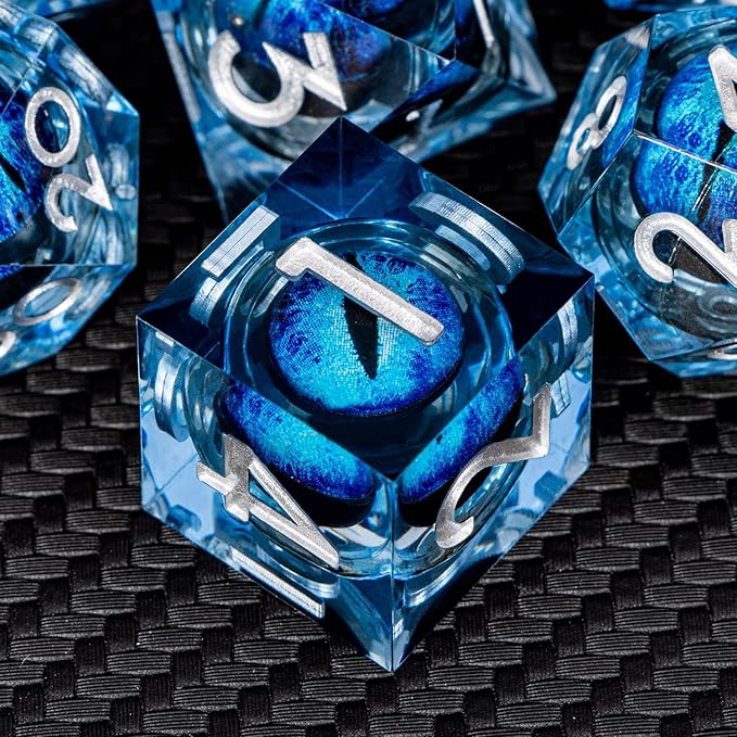 ARUOHHA DND Resin Dice Dragon Eye Dice Liquid Core Blue Sharp Edged Dice Set with Gift Box, Dungeons Polyhedral D and D Dice Set Compatible with D&D Role Playing Game D20 D12 D10 D8 D6 D4