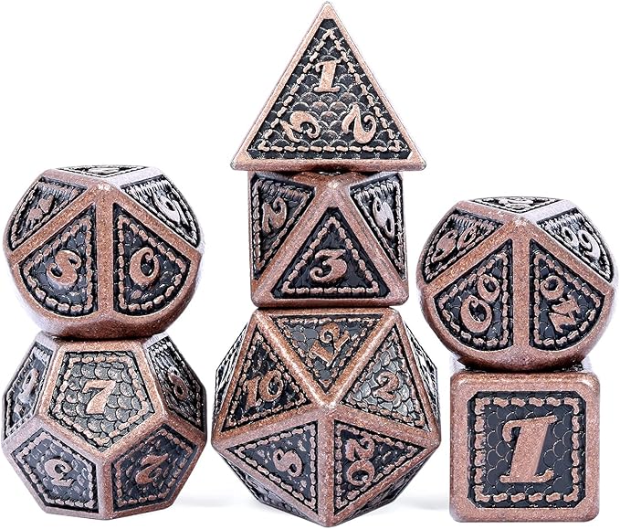 DNDND Metal Dice Set Dragon Scale 7 PCS Polyhedral Metallic Die with Gift Metal Case for DND Dungeons and Dragons D&D (Ancient Copper)