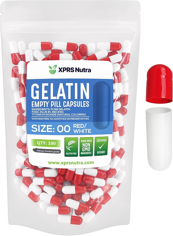 XPRS Nutra Size 00 Empty Capsules - 100 Count Empty Gelatin Capsules - Empty Pill Capsules - DIY Capsule Filling - Fillable Pill Capsules Empty Gel Caps (Red/White)
