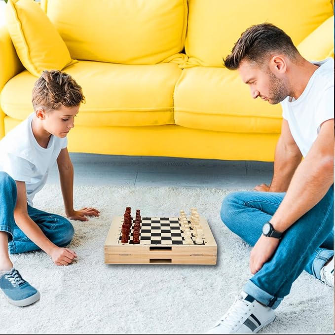 Foldable Fast Sling Puck Game with Chess Board and Checkers Board, Tic Tac Toe. Wooden Air Hockey Family Night,Table Games Gifts for Adults and Kids