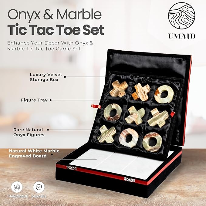 UMAID Luxury Marble Tic Tac Toe Game – A Sophisticated Touch for Dad This Fathers Day – Handcrafted 10” Onyx Board with Velvet Box – Elegant Solid Marble Decor for Coffee Table or Office