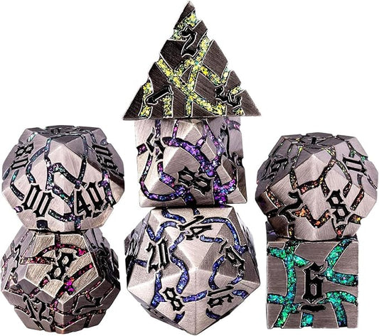 Metal Dice Set D&D,Crack Metallic DND Dice Set with Box, Metal Glitter RPG Dice for Dungeons and Dragons Table Game(Antique Nickel 7 Colors)