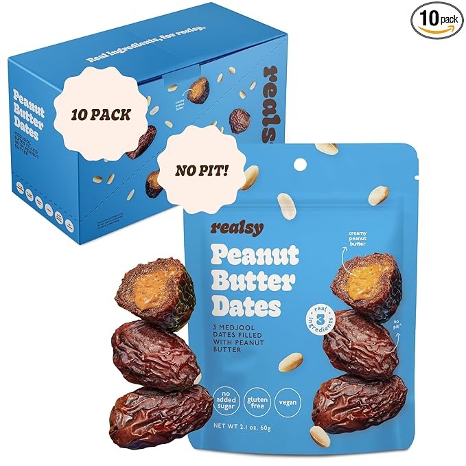 Realsy Peanut Butter Filled Medjool Dates, Organic Dates with No Sugar Added, Gluten-Free, Vegan, Good Source of Fiber, Low Glycemic Index, All Natural Healthy Snack, (10 Pack)