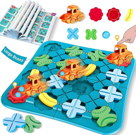 STEM Board Games Smart Logical Road Builder Brain Teasers Puzzle, Montessori Preschool Travel Toy Board Car Games for Kids Ages 4-8