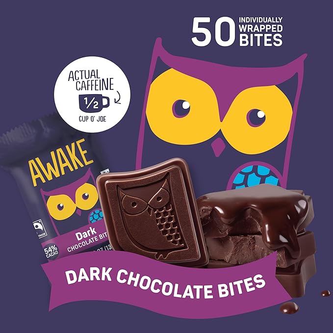 AWAKE - Caffeinated Chocolate Bites - Dark Chocolate, 50 Bites - 50mg Caffeine - Individually Wrapped Energy Bites - Coffee Alternative - Fairtrade, Gluten Free, Non GMO - 0.48oz