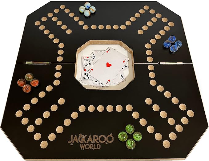 Jackaroo Board Game - 2-4 Player Cards and Marbles Board Games - Marble Strategy Game - Carbles Game - Marbles and Jokers Board Game Wooden Wahoo Game Board - Dirty marbles wood Strategy Games (Black)