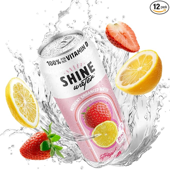 ShineWater Vitamin D Hydration Electrolyte Drink - Flavored water with electrolytes, Sugar-Free, Magnesium, Zinc, Vitamin B12, Plant-Based, Low Calorie - Strawberry Lemon Fruit Water 12 Pack