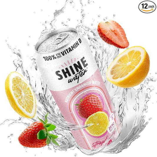 ShineWater Vitamin D Hydration Electrolyte Drink - Flavored water with electrolytes, Sugar-Free, Magnesium, Zinc, Vitamin B12, Plant-Based, Low Calorie - Strawberry Lemon Fruit Water 12 Pack