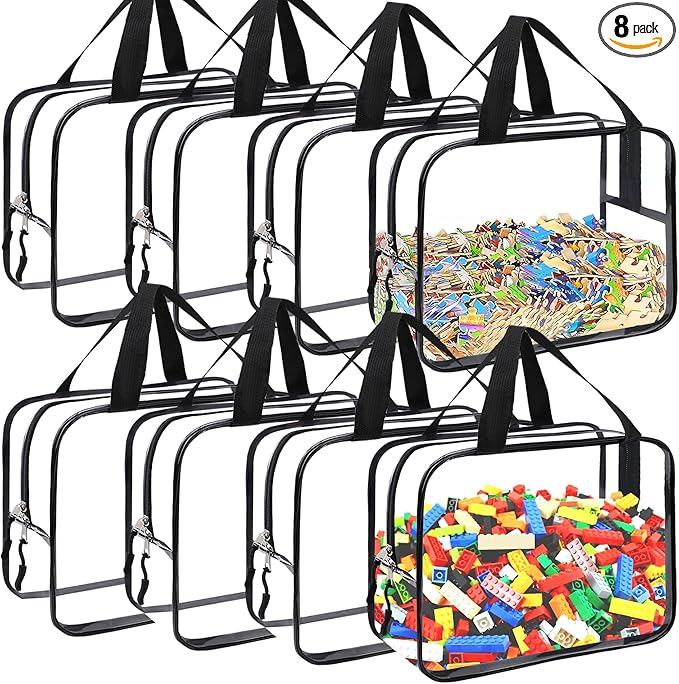 8 Packs Large Toy Storage Bags, Reusable Clear PVC Board Game Storage, Toy Storage Organizer Bags with Zipper for Building Blocks, Puzzle and Handmade Accessories, Clear Toiletry Bag