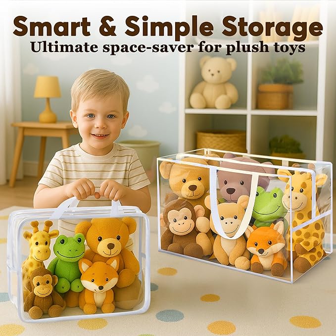 Honeyera Stuffed Animals Storage Bags with Zipper - Set of 2 with 1 Large Toy Storage Bag for Home Organization & 1 Portable Small Tote for Travel - Clear PVC Material for Easy Visibility & Organizin