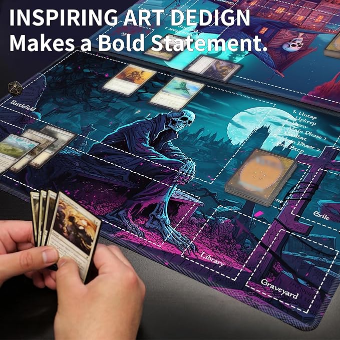 Playmat with Zones for MTG Card Game Playing, 24"x14" Commander Deck Gaming Desk Duel Mat for Beginner, Halloween Night Skeleton